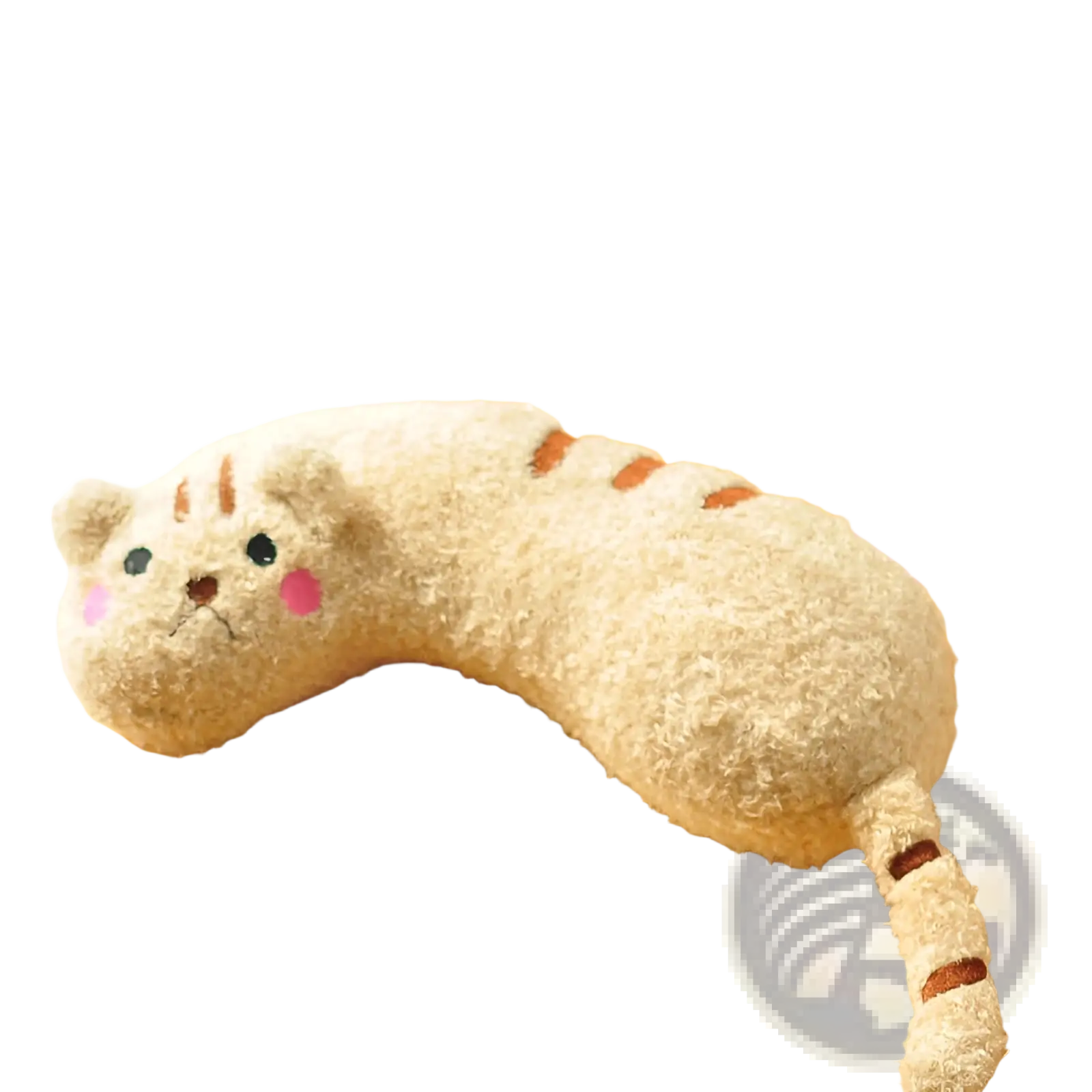 Cream-colored plush cat pillow with embroidered face and striped markings for neck support and joint relief
