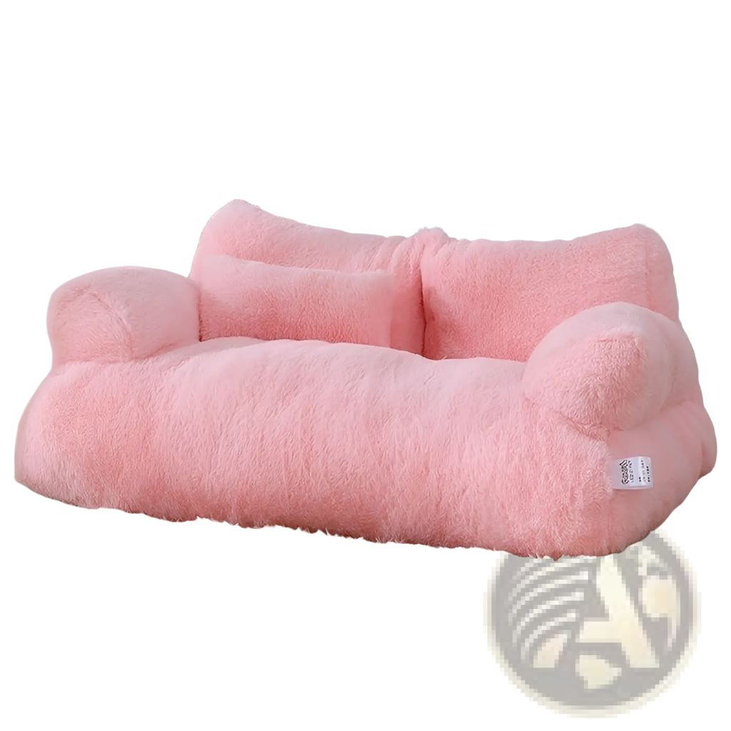 Pink fluffy plush cat sofa bed with soft texture and rounded armrests for warm winter pet lounging beige