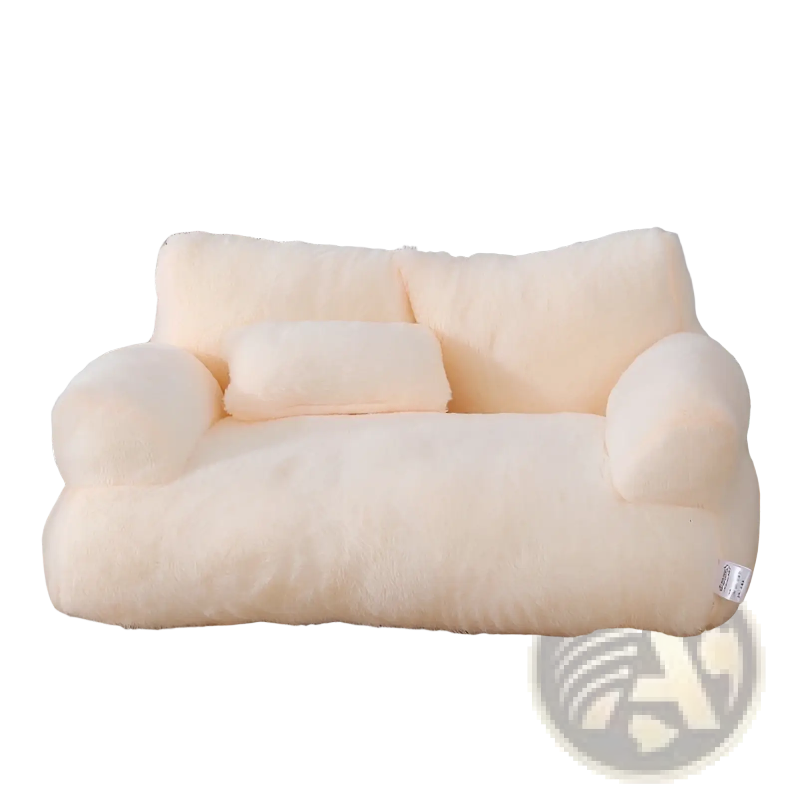Cream-colored plush sofa bed with soft fluffy texture and rounded armrests for warm winter pet lounging