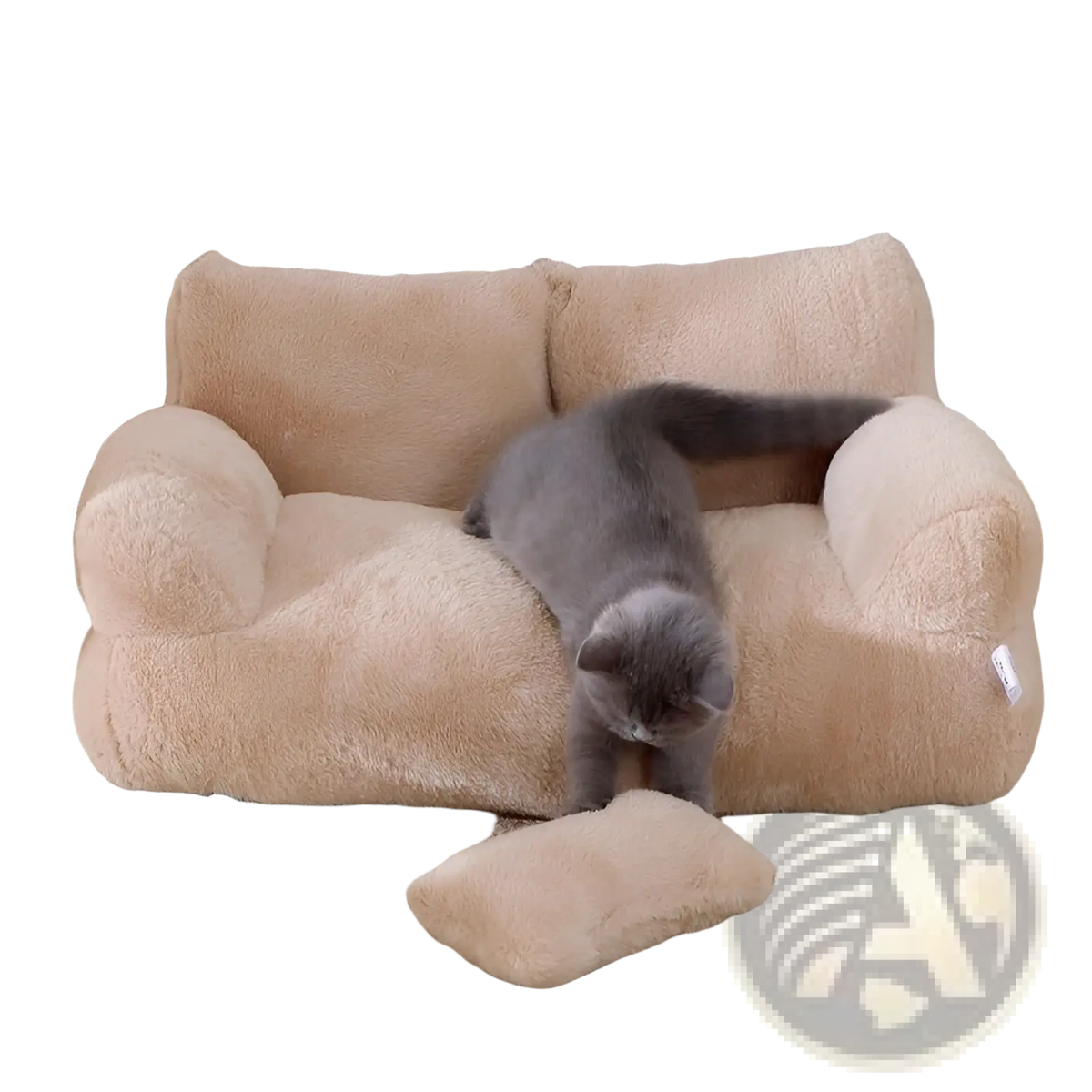 Beige plush cat sofa bed with matching pillow designed as a warm winter pet lounger made from soft material