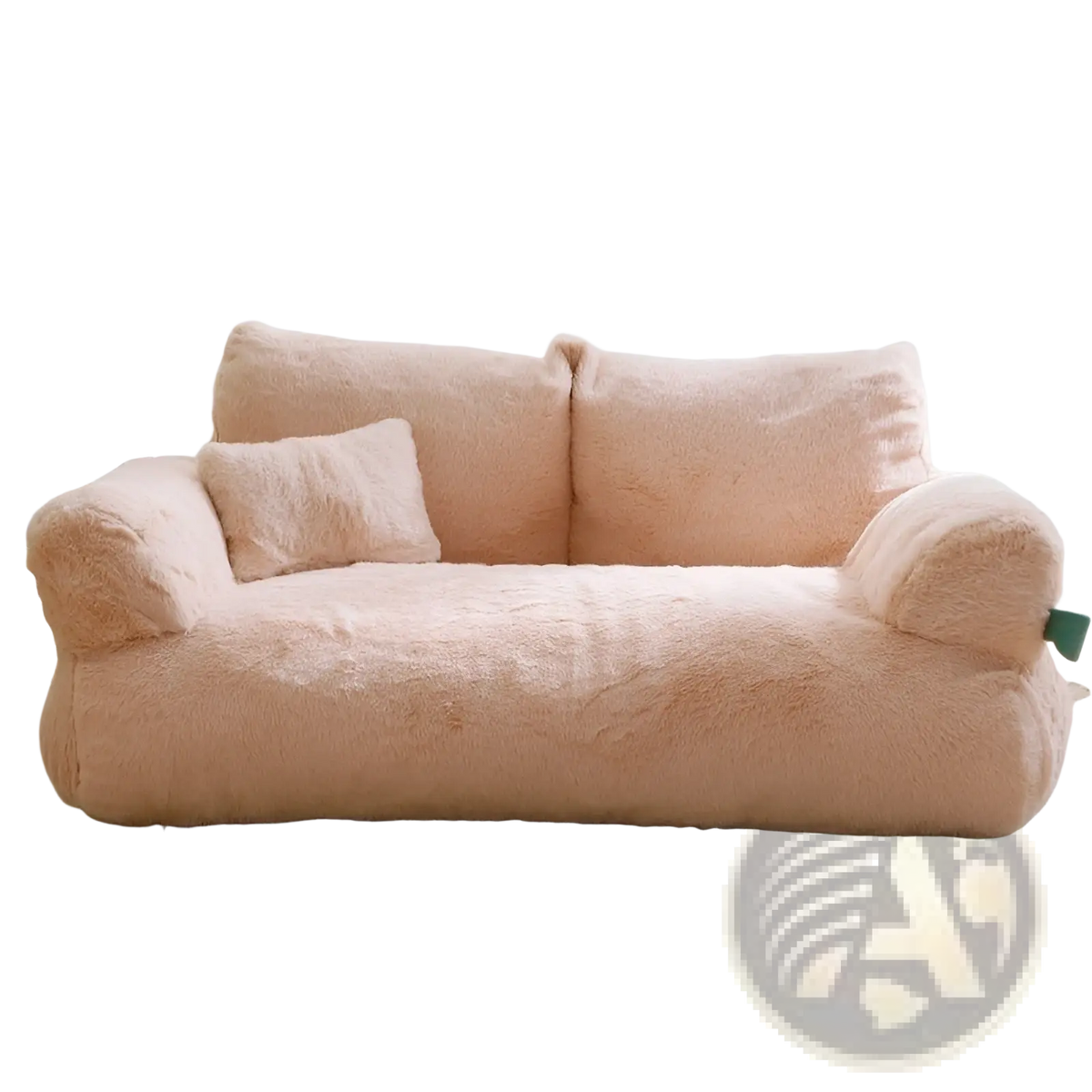 Soft plush peach-colored sofa with cozy fuzzy texture and rounded armrests for warm winter pet lounging