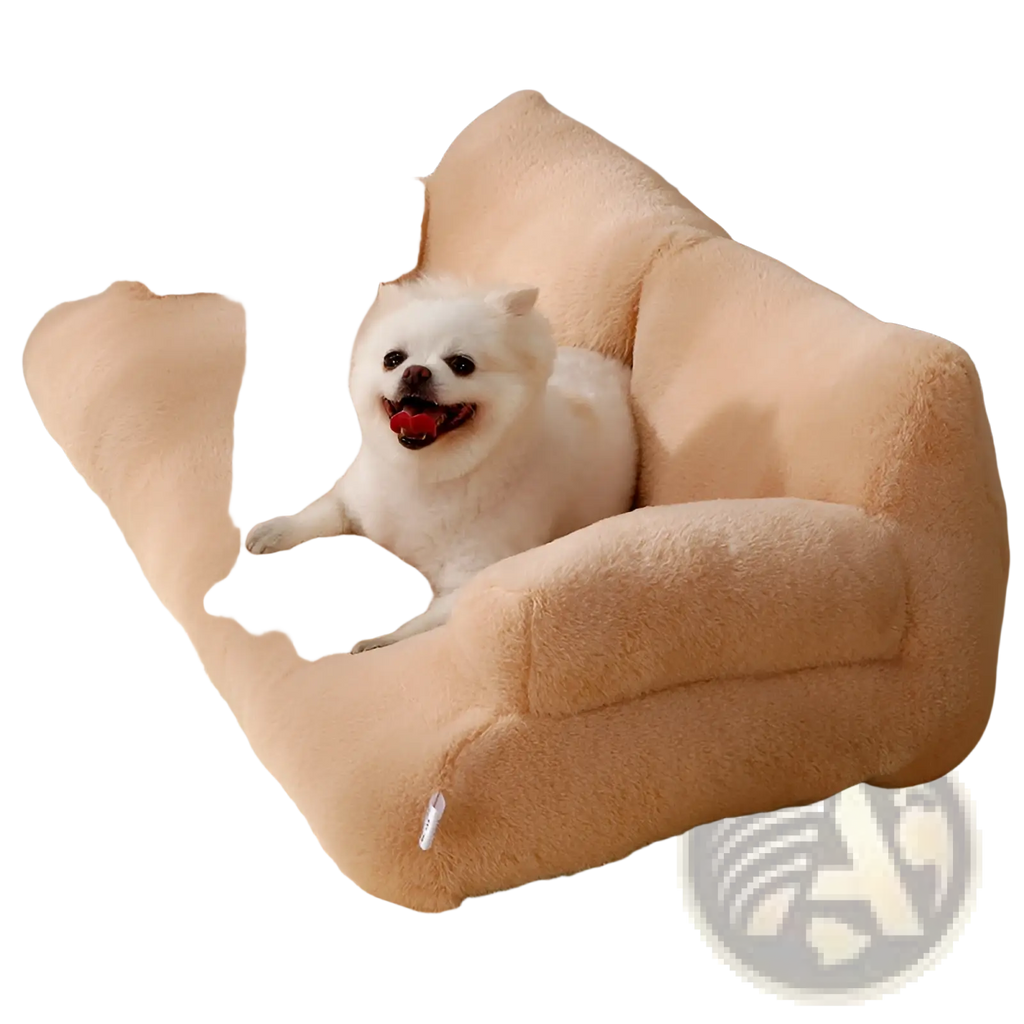 Beige plush cat sofa bed with soft fluffy texture and rounded armrests for warm winter pet lounging