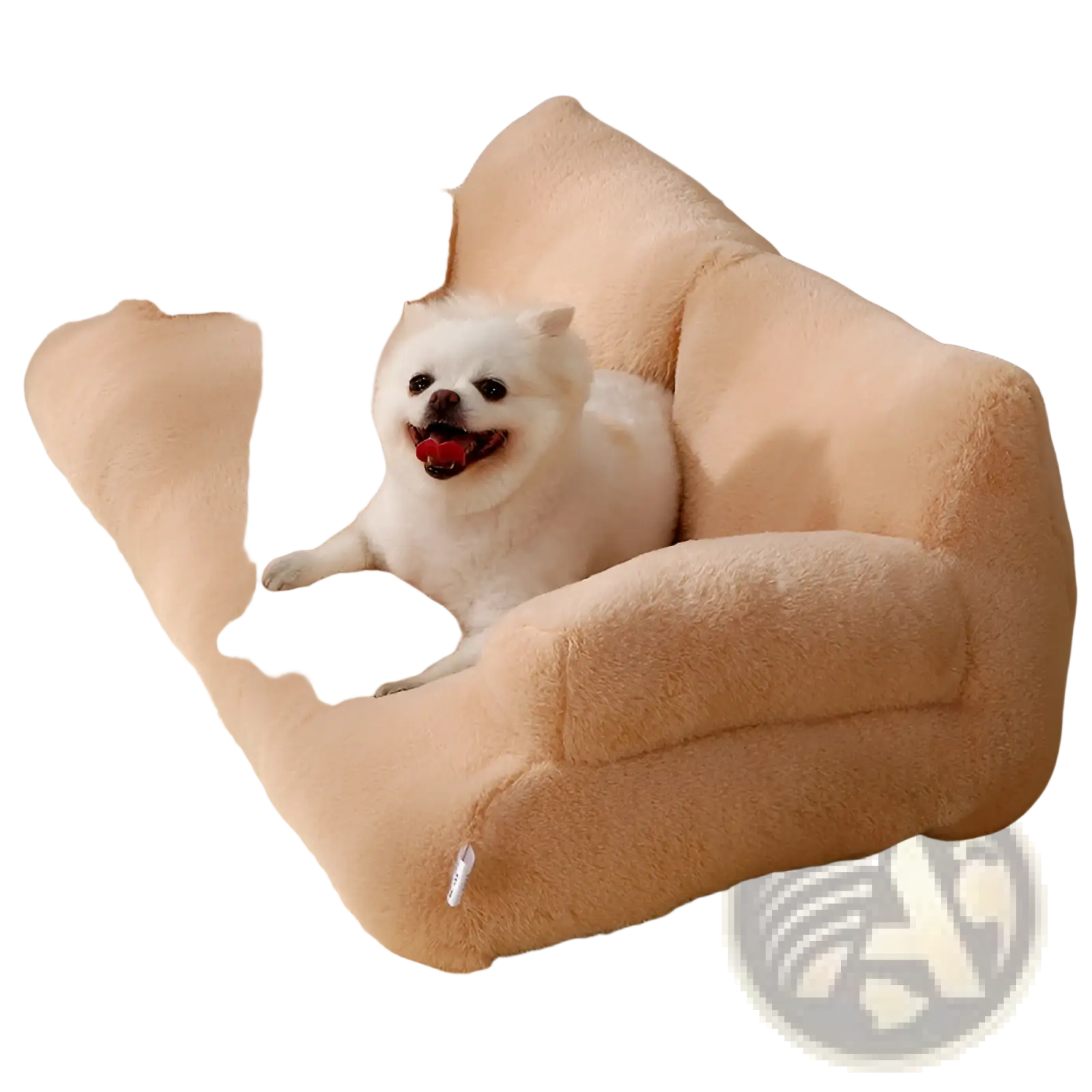 Beige plush cat sofa bed with soft fluffy texture and rounded armrests for warm winter pet lounging