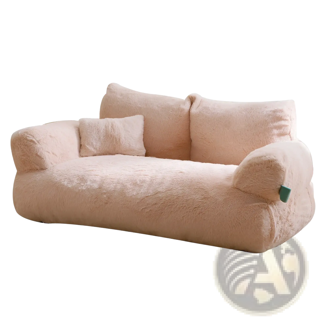 Beige plush cat sofa bed with soft fuzzy texture and matching throw pillows for warm winter pet lounging