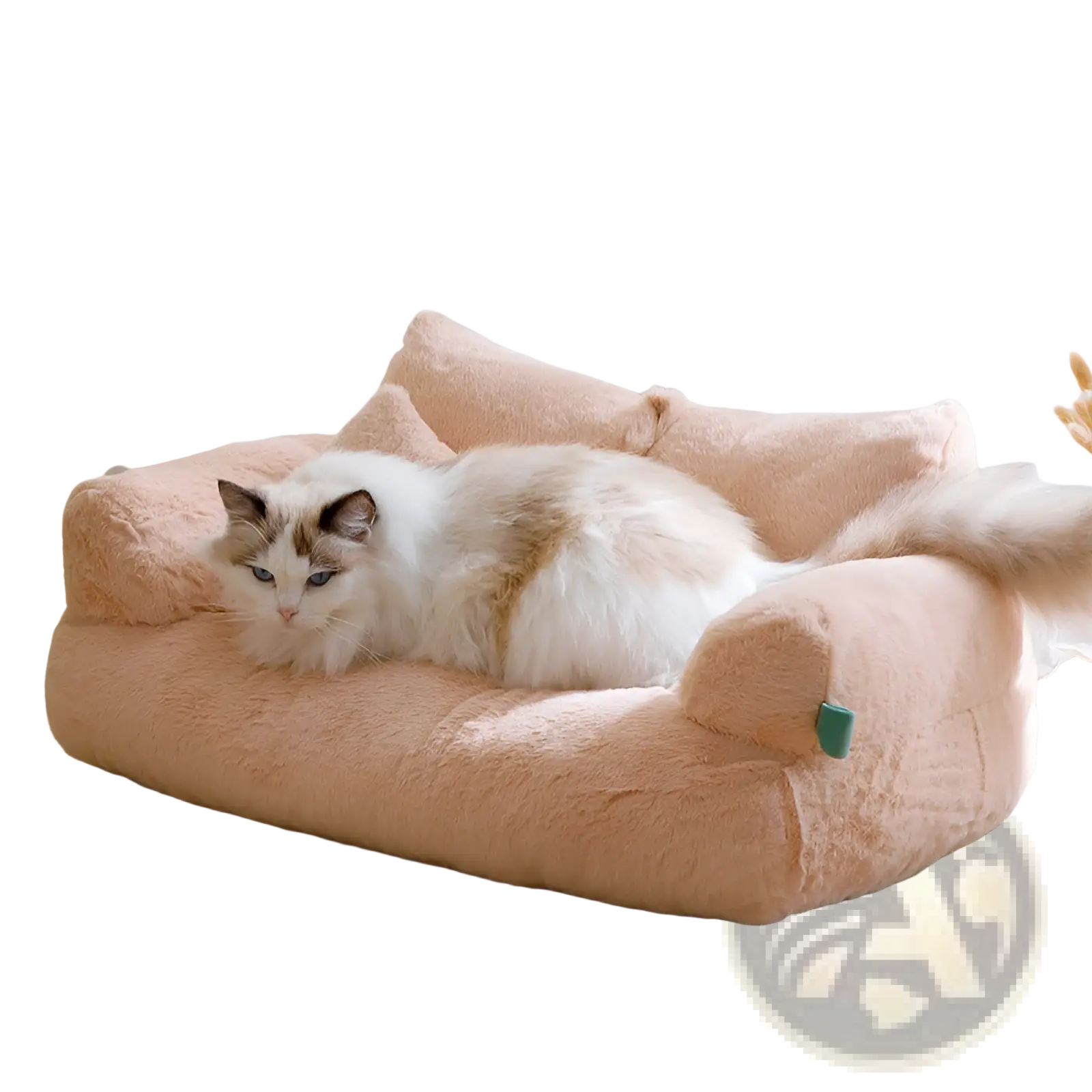 Soft peach-colored plush cat sofa bed with cushioned armrests and cozy upholstered design for warm winter lounging