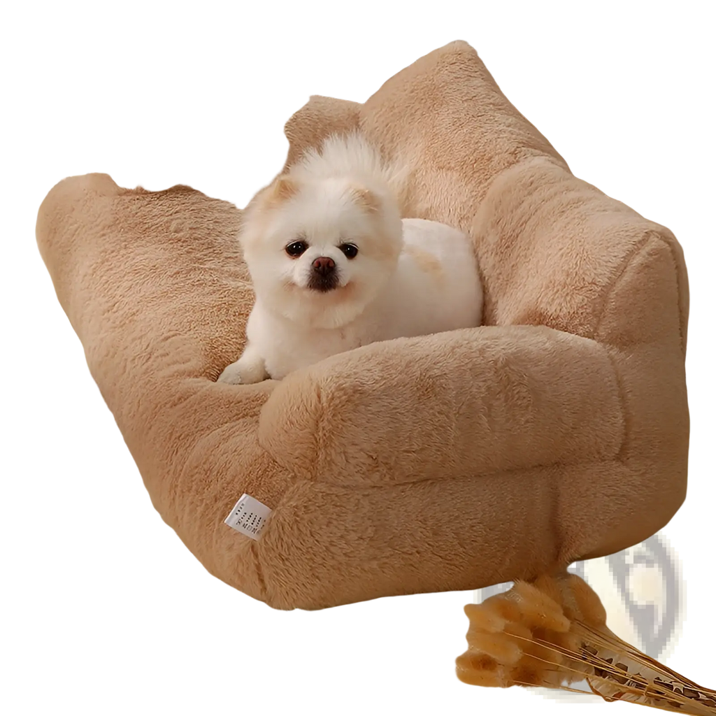 Soft tan faux fur plush cat sofa bed shaped like a cozy beige armchair for warm winter pet lounging