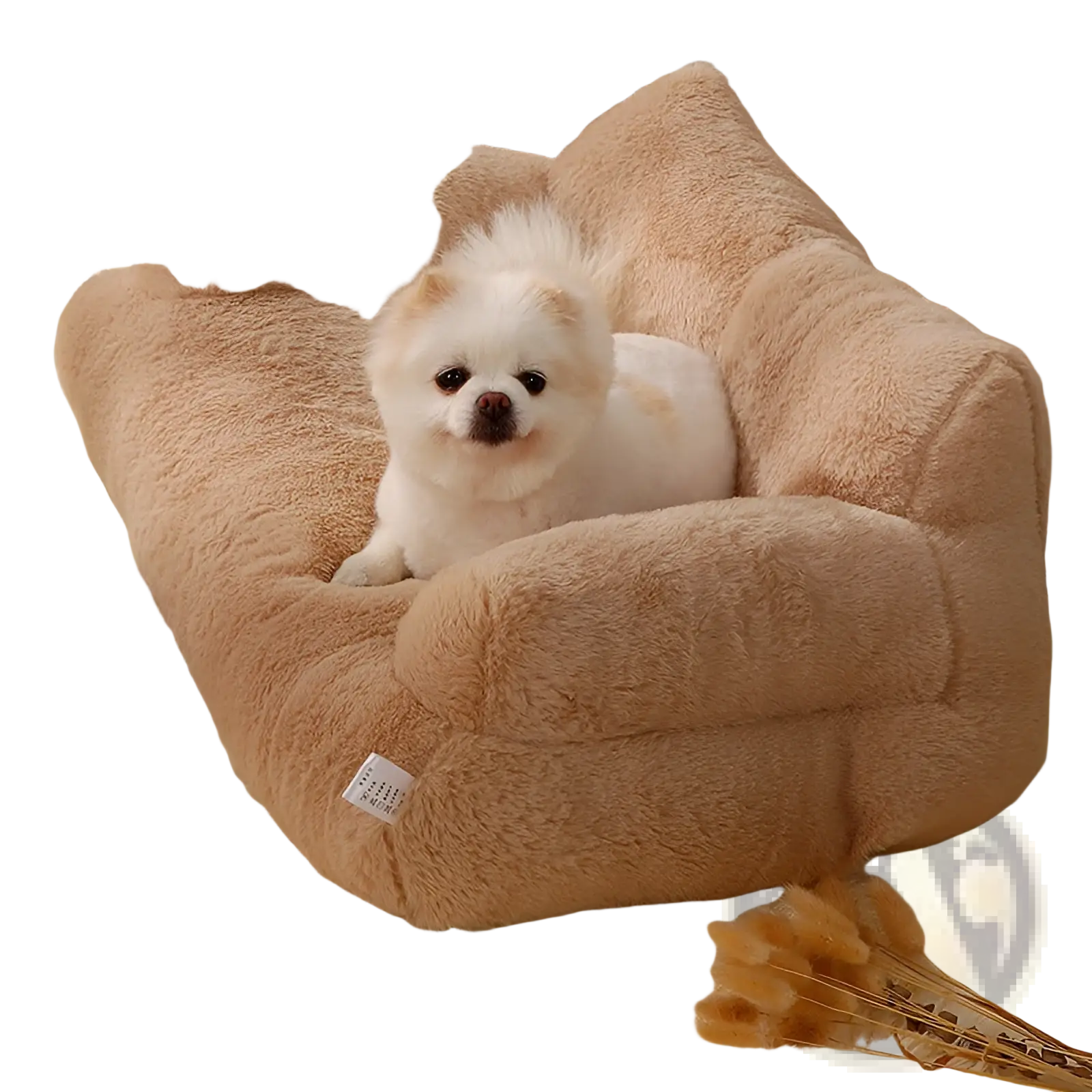Soft tan faux fur plush cat sofa bed shaped like a cozy beige armchair for warm winter pet lounging