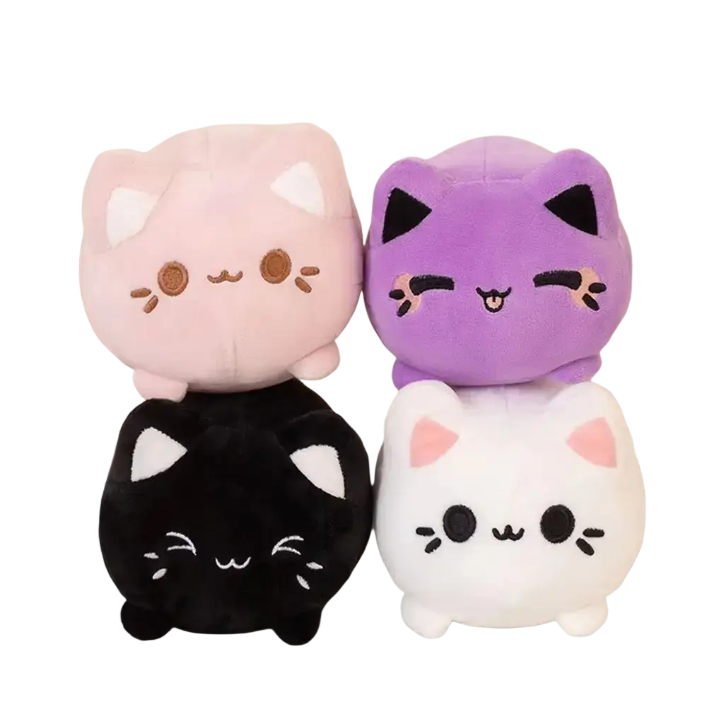 Adorable plush cat stuffed animals in soft pink purple black and white with embroidered faces recommend age 14 plus