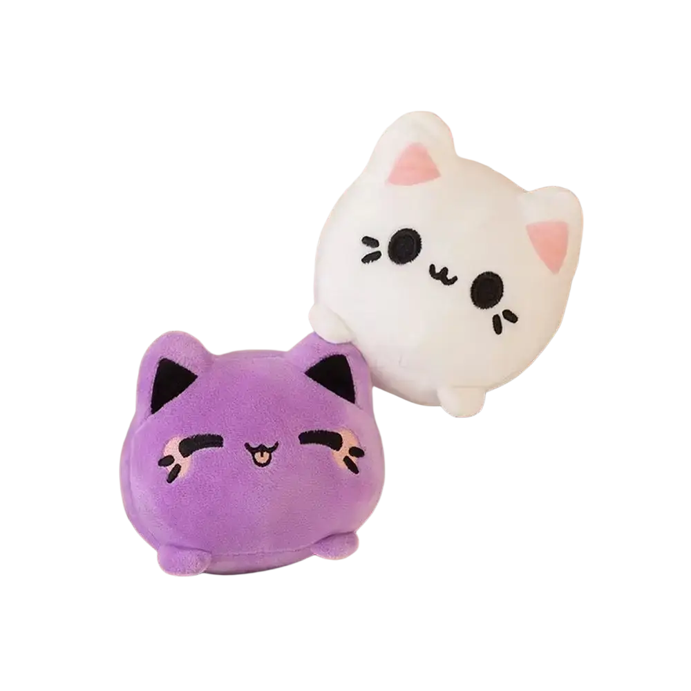 Adorable plush cat stuffed animal coin purses in soft purple and white with embroidered features recommend age 14 plus
