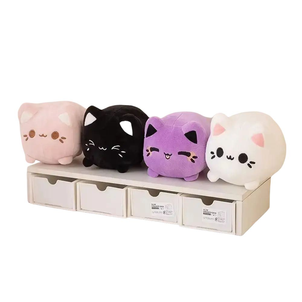 Four plush cat stuffed animals in pink black purple and white with soft fabric and embroidered faces recommend age 14 plus