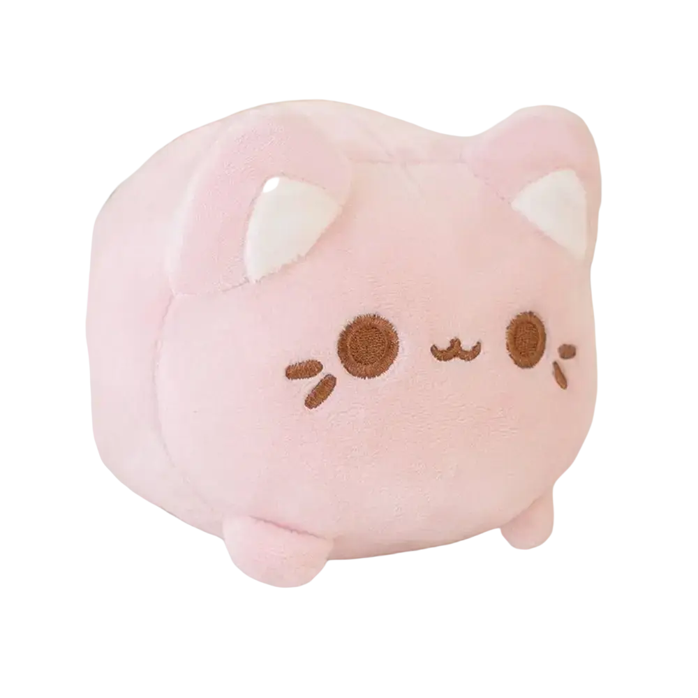 A soft pink plush cat stuffed animal with white inner ears and embroidered eyes recommend age 14 plus