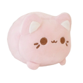 A soft pink plush cat stuffed animal with white inner ears and brown embroidered eyes recommend age 14 plus