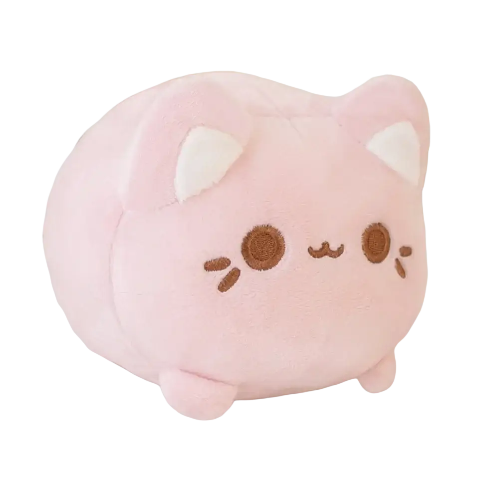 A soft pink plush cat stuffed animal with white inner ears and brown embroidered eyes recommend age 14 plus