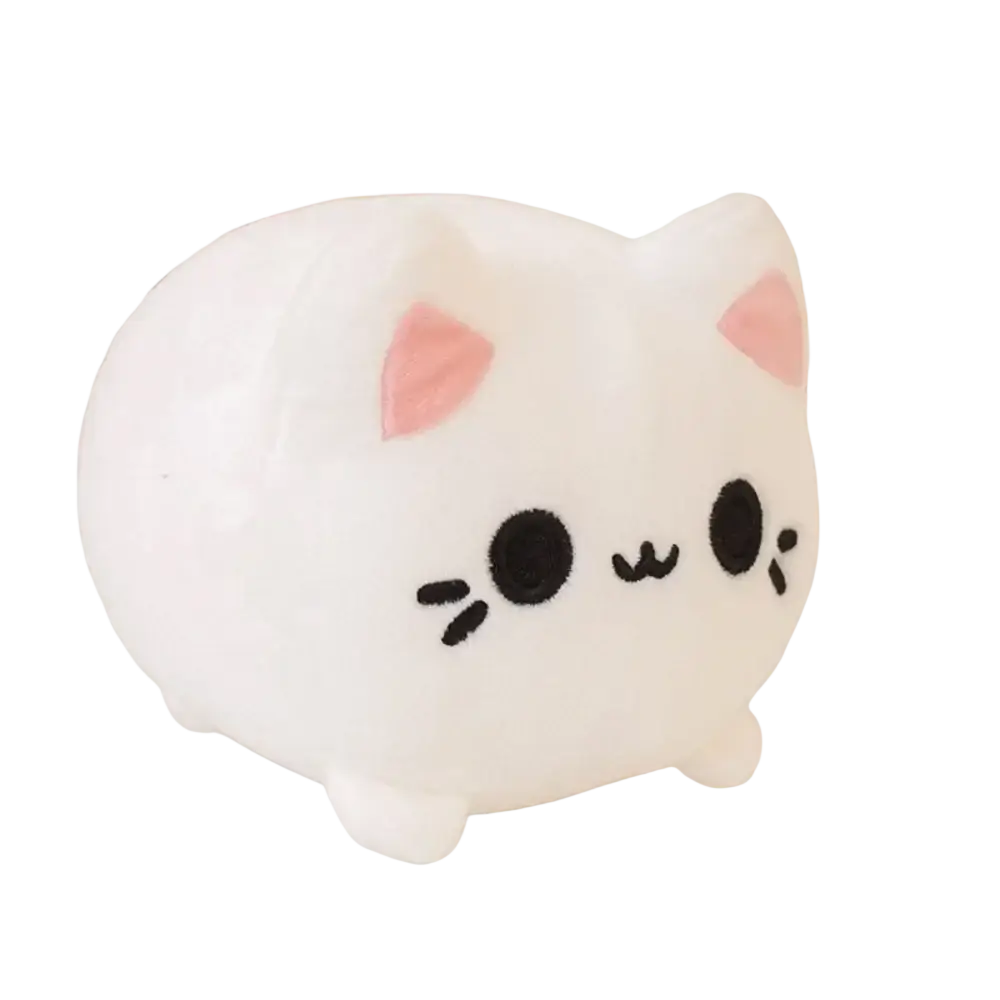 A soft white plush cat stuffed animal with pink inner ears and black embroidered eyes recommend age 14 plus