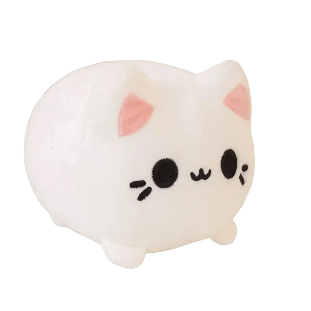 White plush cat stuffed animal with pink inner ears and black embroidered eyes recommend age 14 plus 20cm tall