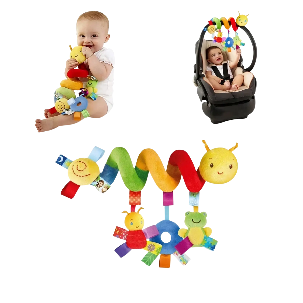 Colorful plush caterpillar baby car seat toy with soft segmented body and smiling face ends for infant play
