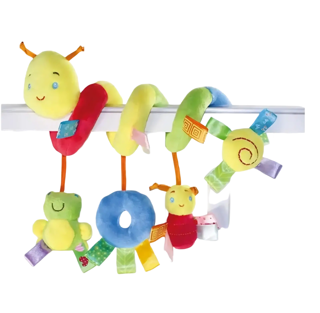 Plush caterpillar baby car seat toy with colorful soft segmented body and attached dangling toys for infant entertainment