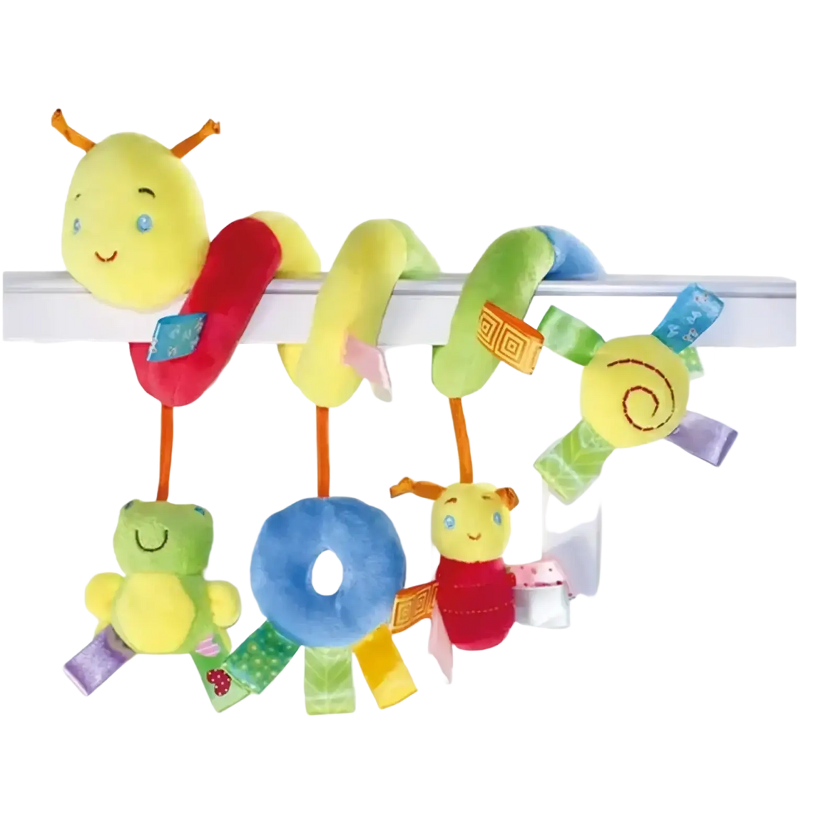 Plush caterpillar baby car seat toy with colorful soft segmented body and attached dangling toys for infant entertainment
