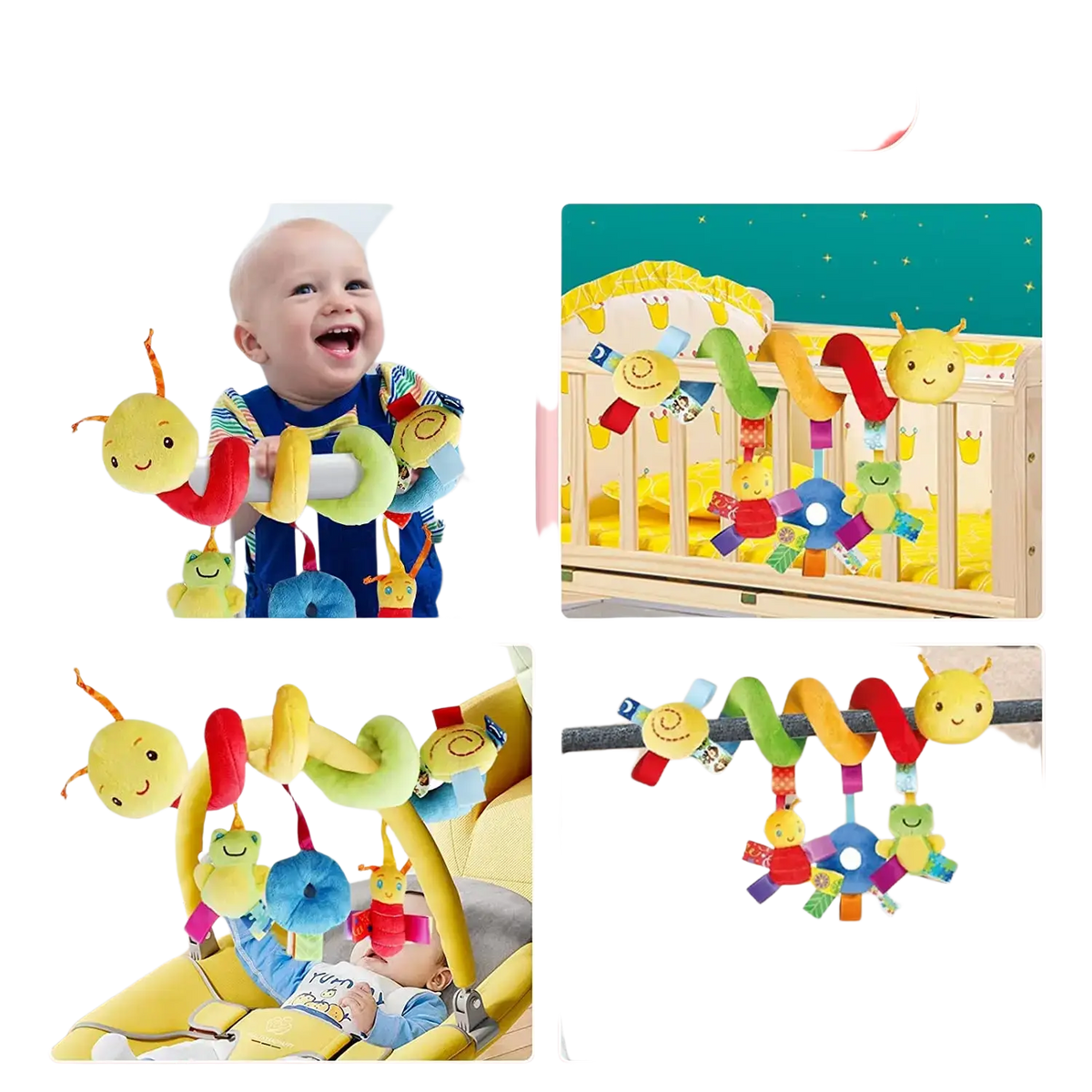 Plush caterpillar baby car seat toy with colorful soft smiling insect and animal figures on a flexible spiral cord