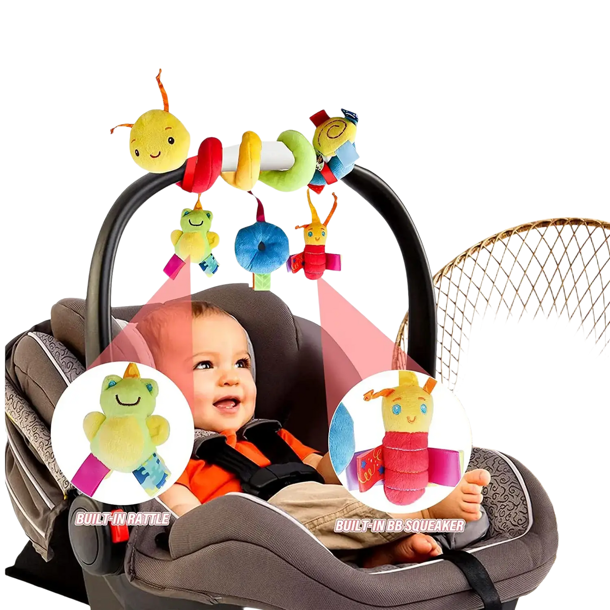Colorful plush caterpillar baby car seat toy with velcro-fixed insect and frog toys for infant entertainment