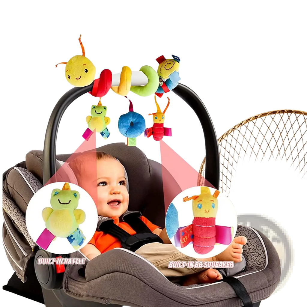 Colorful plush caterpillar baby car seat toy with velcro-fixed insect and frog toys for infant entertainment