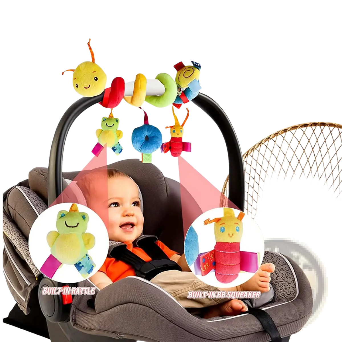 Colorful plush caterpillar baby car seat toy with velcro-fixed insect and frog toys for infant entertainment