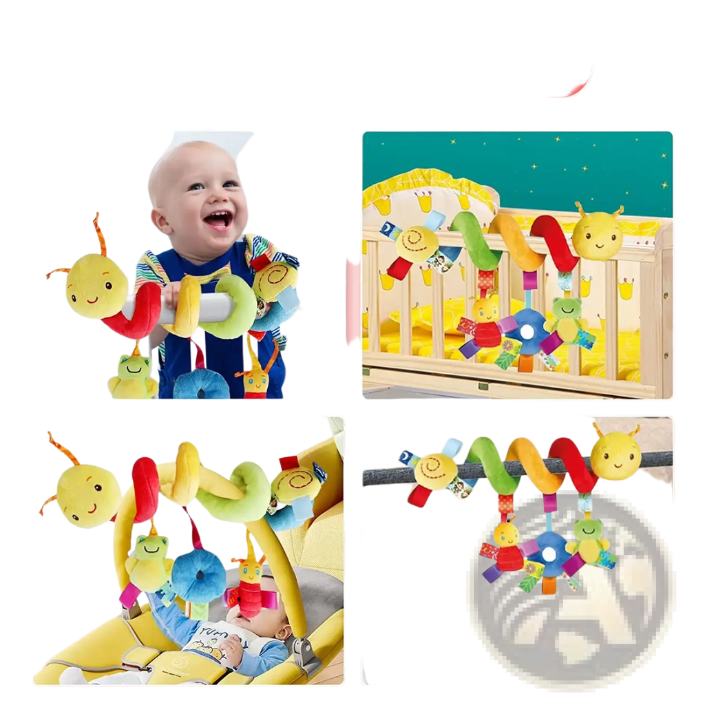 Plush caterpillar baby car seat toy with colorful soft smiling insect and animal figures on a flexible spiral cord