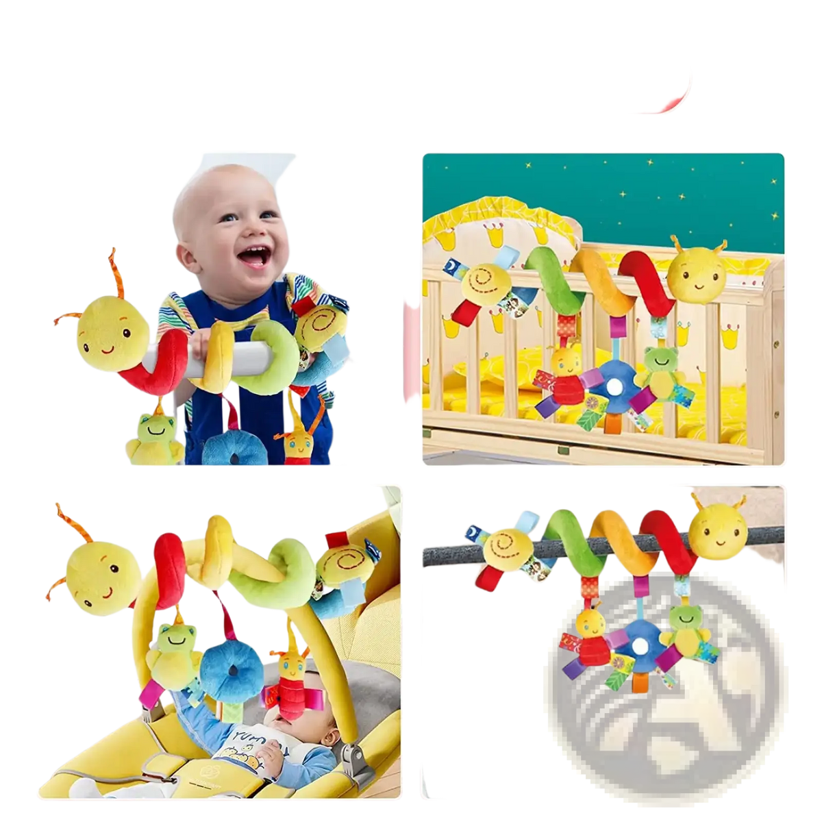 Plush caterpillar baby car seat toy with colorful soft smiling insect and animal figures on a flexible spiral cord