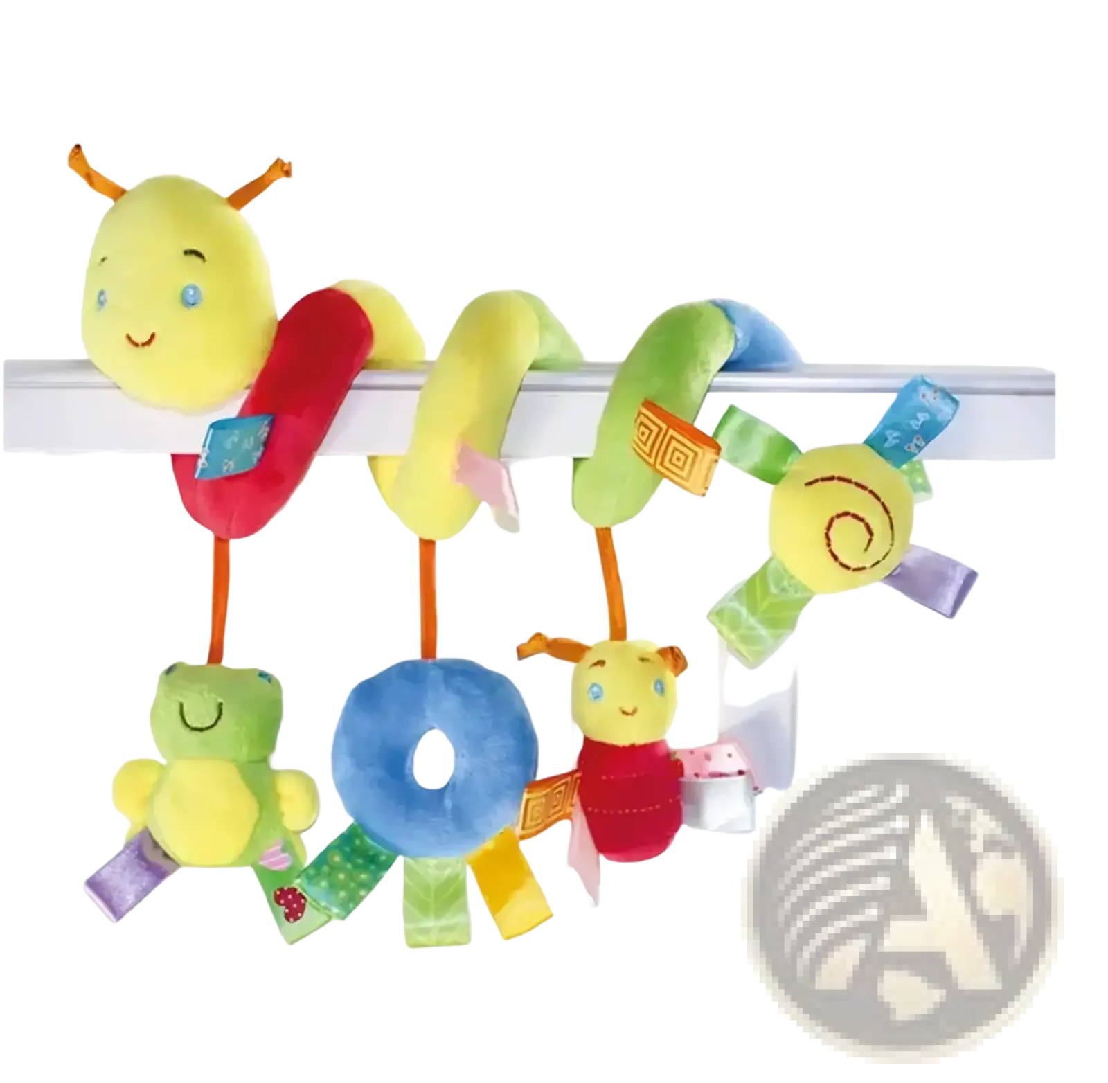 Plush caterpillar baby car seat toy with colorful soft segmented body and attached dangling toys for infant entertainment