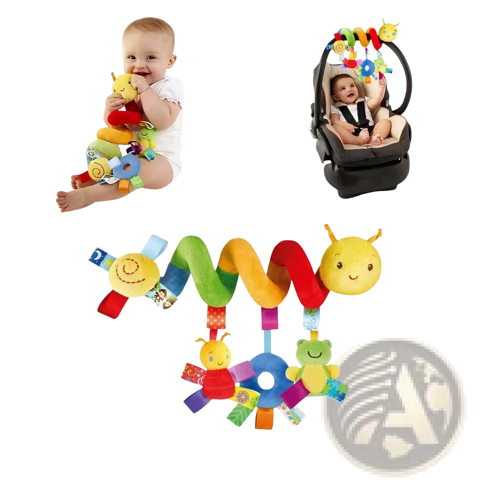 Colorful plush caterpillar baby car seat toy with soft segmented body and smiling face ends for infant play