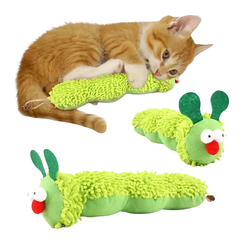 Bright green plush catnip caterpillar toy with fuzzy texture and red nose for interactive pet supplies play