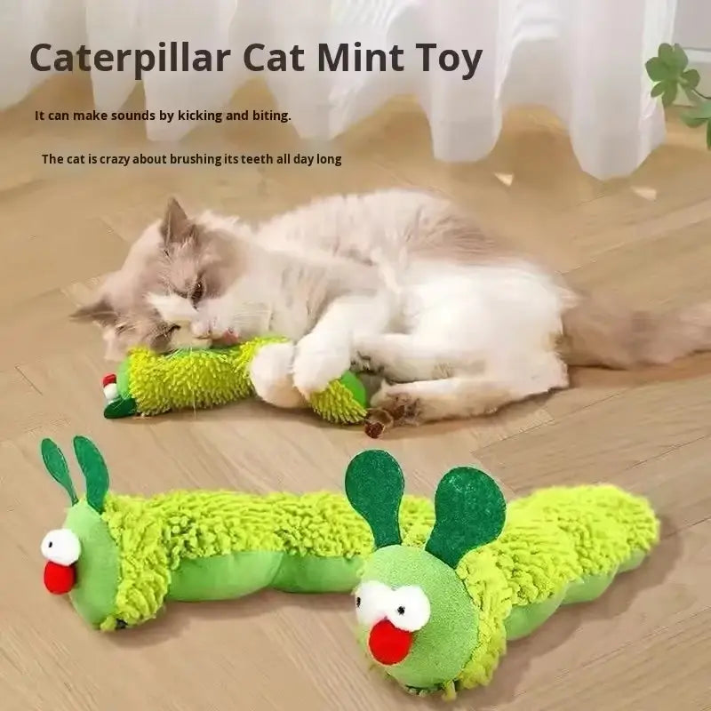 Bright green plush catnip caterpillar toy with red nose and glittery antennae for interactive pet supplies play