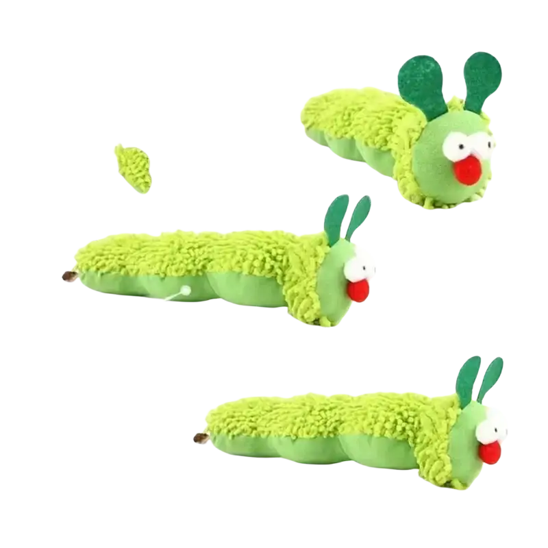 Plush catnip caterpillar toy in green with fuzzy texture red felt nose and antennae for interactive cat toy pet supplies