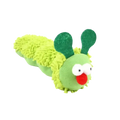 Plush catnip caterpillar toy featuring fuzzy lime green segments, dark green felt antennae, white button eyes, and a red nose for cat play