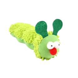 Plush catnip caterpillar toy featuring fuzzy lime green segments, dark green felt antennae, white button eyes, and a red nose for cat play