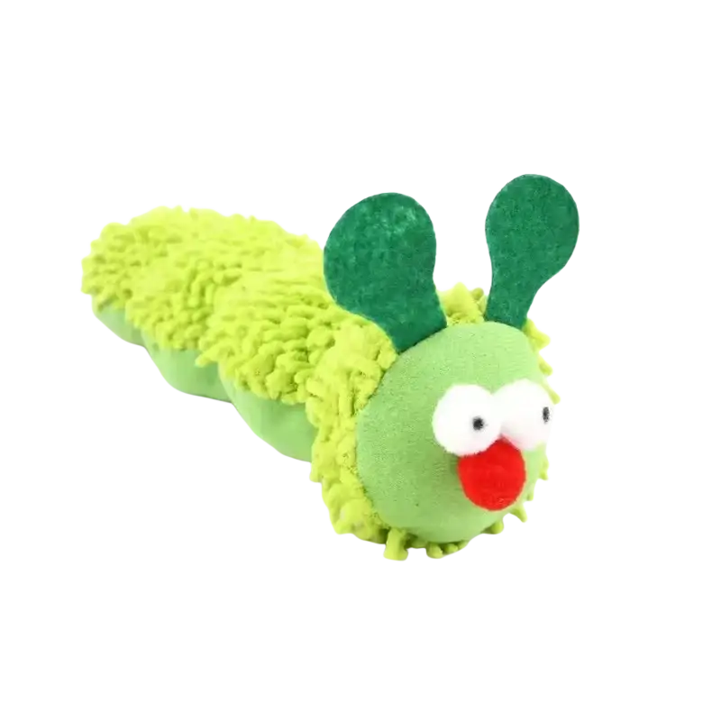 Plush catnip caterpillar toy featuring fuzzy lime green segments, dark green felt antennae, white button eyes, and a red nose for cat play