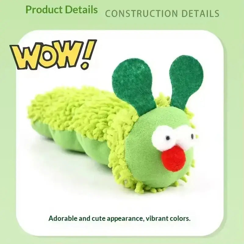 Plush catnip caterpillar toy for interactive play featuring a green fuzzy fabric cat toy with red nose and soft antennae