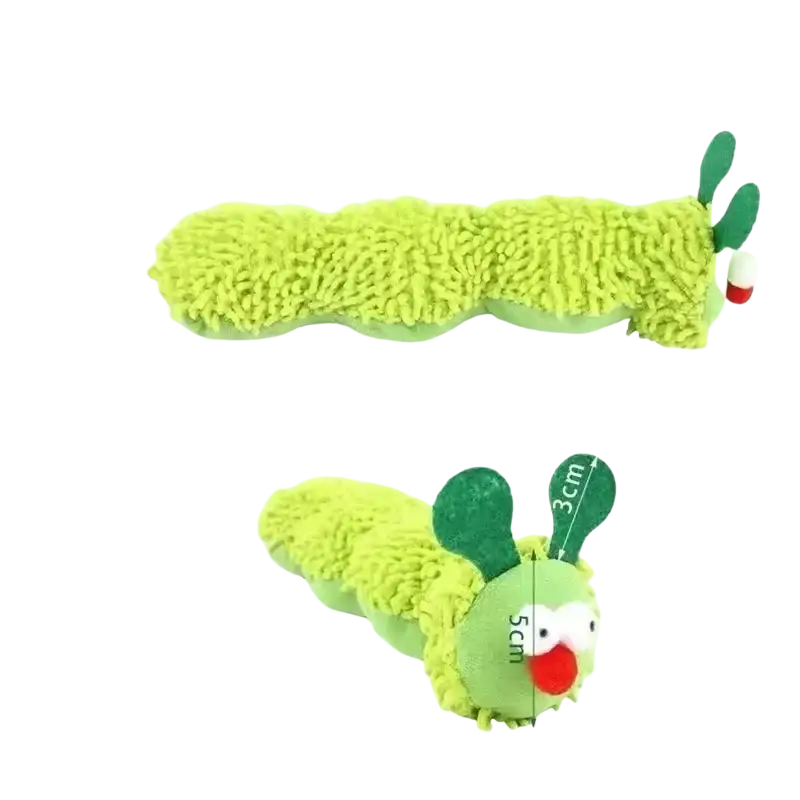 Plush catnip caterpillar toy with green fuzzy texture and embroidered eyes designed for interactive cat toy pet supplies