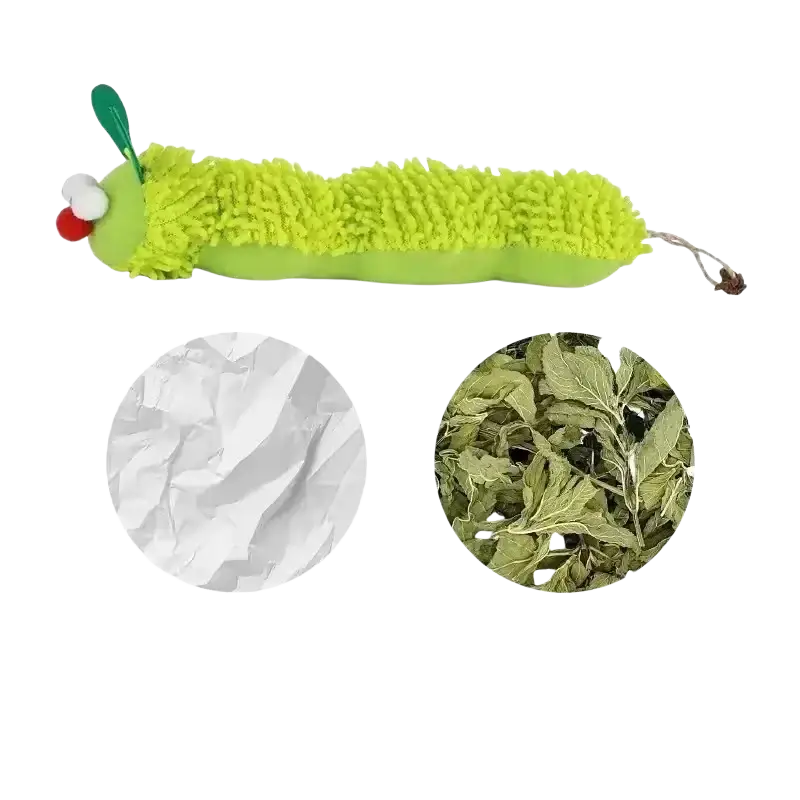 Plush lime green fuzzy cat toy shaped like a caterpillar with red nose and white eyes for interactive play with catnip