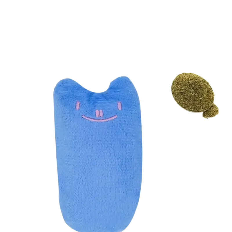 Blue plush catnip toy with pink embroidered face and mint scent made in mainland china for interactive chewing plush toys