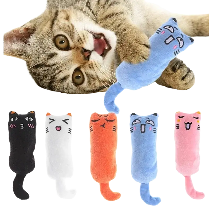 Blue plush catnip toy made of soft plush material with embroidered facial features and tail for interactive kitten play