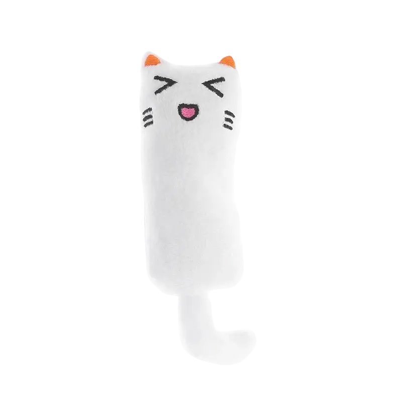 White plush catnip toy with orange ears black embroidered eyes and whiskers made of soft plush toys from mainland china