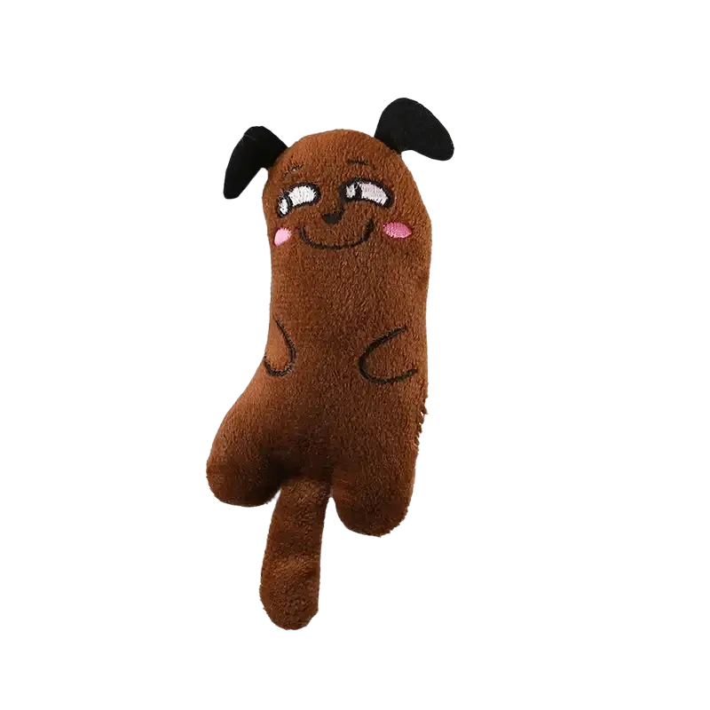 Brown plush dog toy with black ears and embroidered face features from interactive kitten chewing toys type