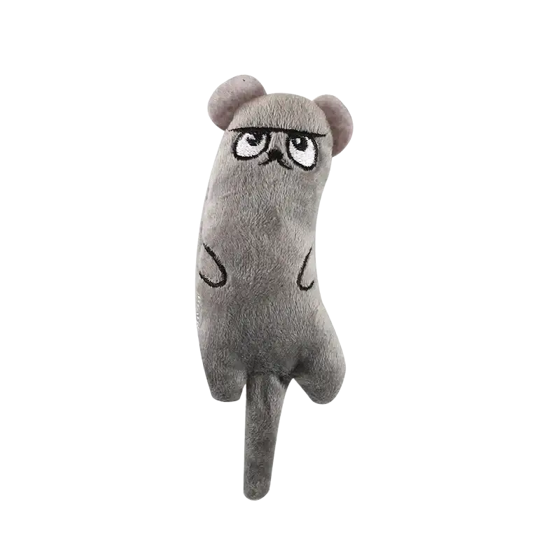 Gray plush mouse toy with embroidered eyes and mustache in interactive kitten chewing catnip toys type set