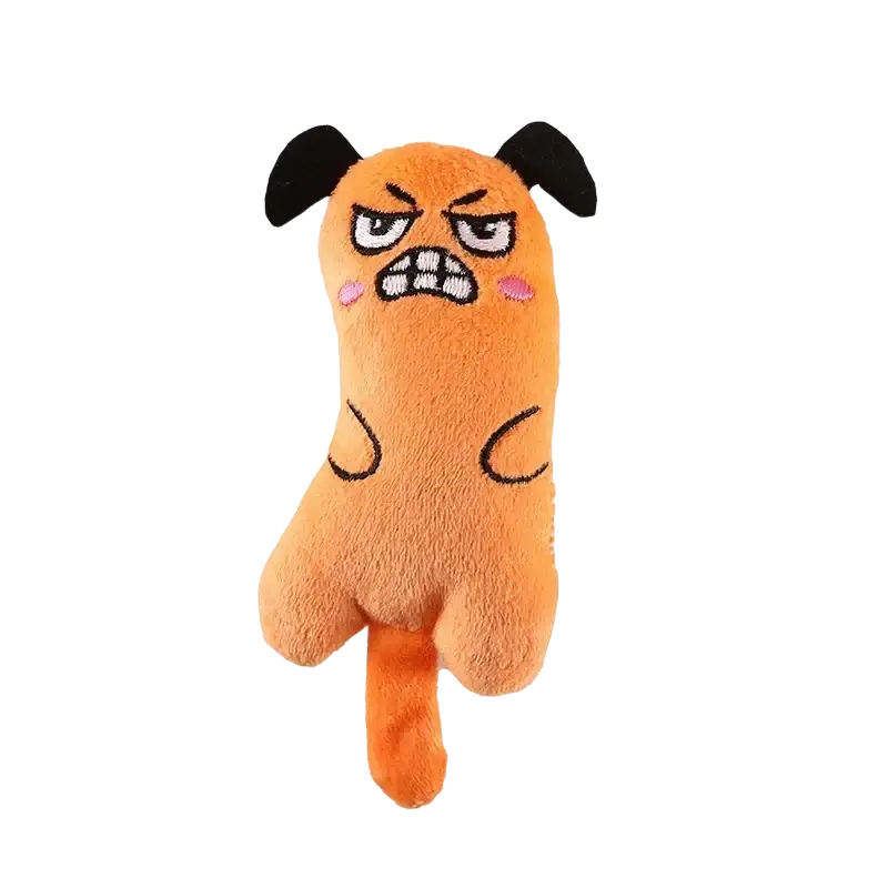 Orange plush dog toy with black ears embroidered angry face and pink cheeks in interactive kitten chewing toys type kit