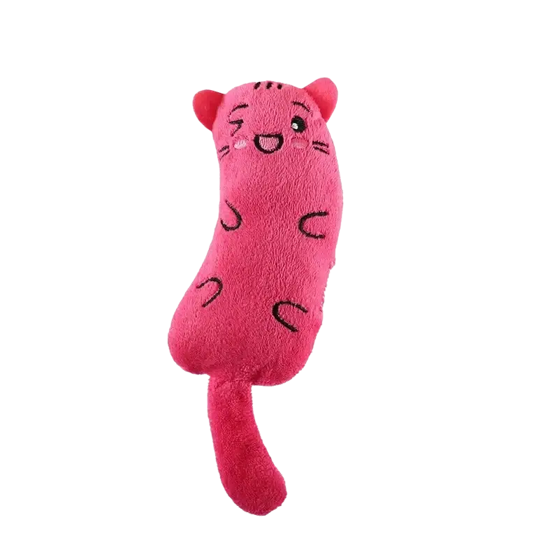 Pink plush catnip toy with black embroidered facial features and spots for interactive kitten chewing toys type