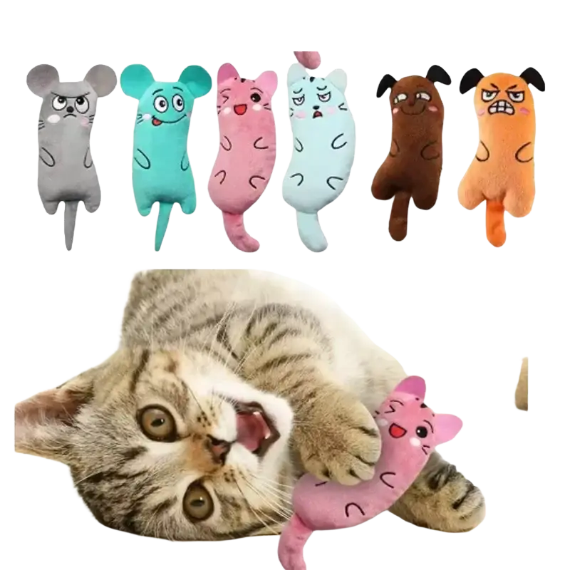 Pink plush cat toy with embroidered facial features and tail for interactive kitten chewing toys type