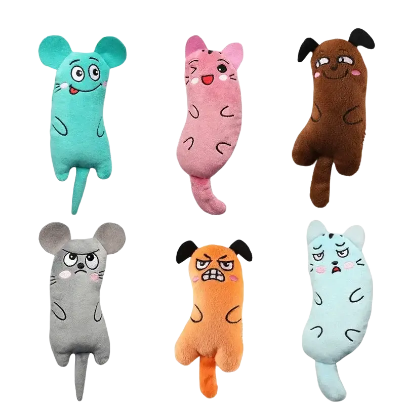 Plush catnip toys interactive kitten chewing animals in soft fabric with embroidered faces featuring mice cats and dogs