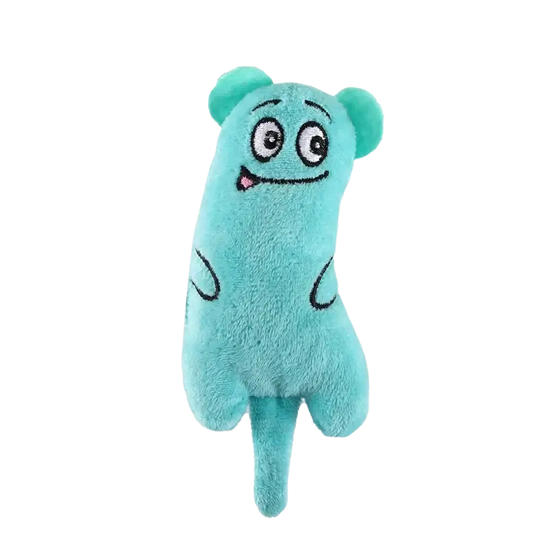 A turquoise plush catnip toy with round ears and embroidered eyes designed for interactive kitten chewing activities