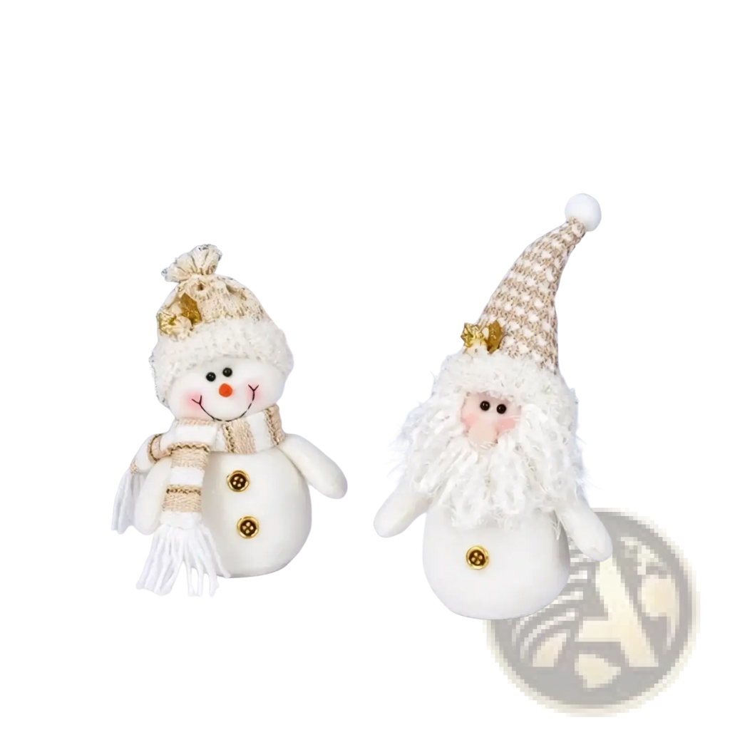Plush christmas gnome santa snowman figurine ornaments in white with gold buttons striped scarves and textured hats